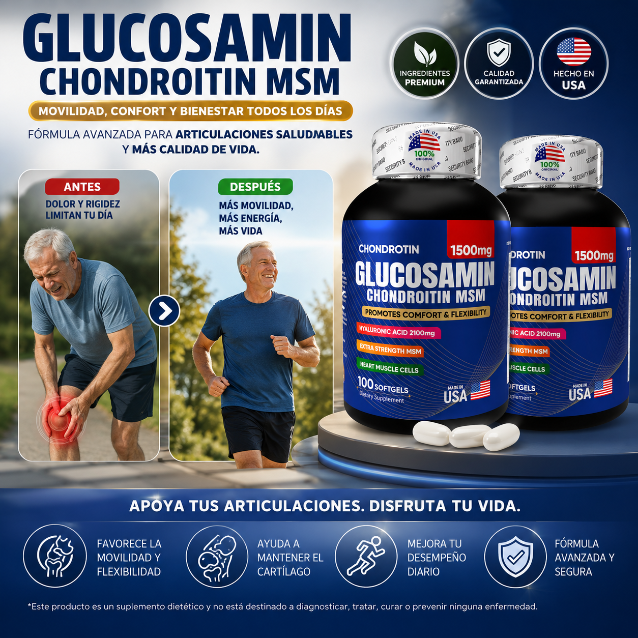 FlexVital Plus - Glucosamina Premium con Ácido Hialurónico (60 cápsulas)